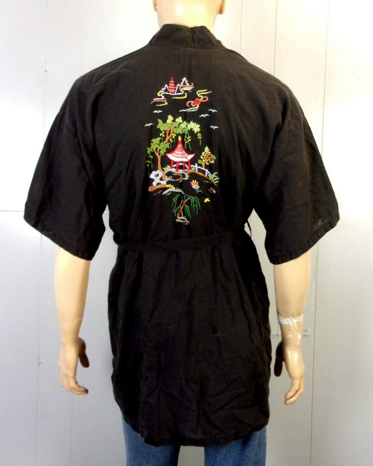 Vtg 60s 70s Health Brand Viscose Rayon Blend Embroidered Asian Robe Sz S