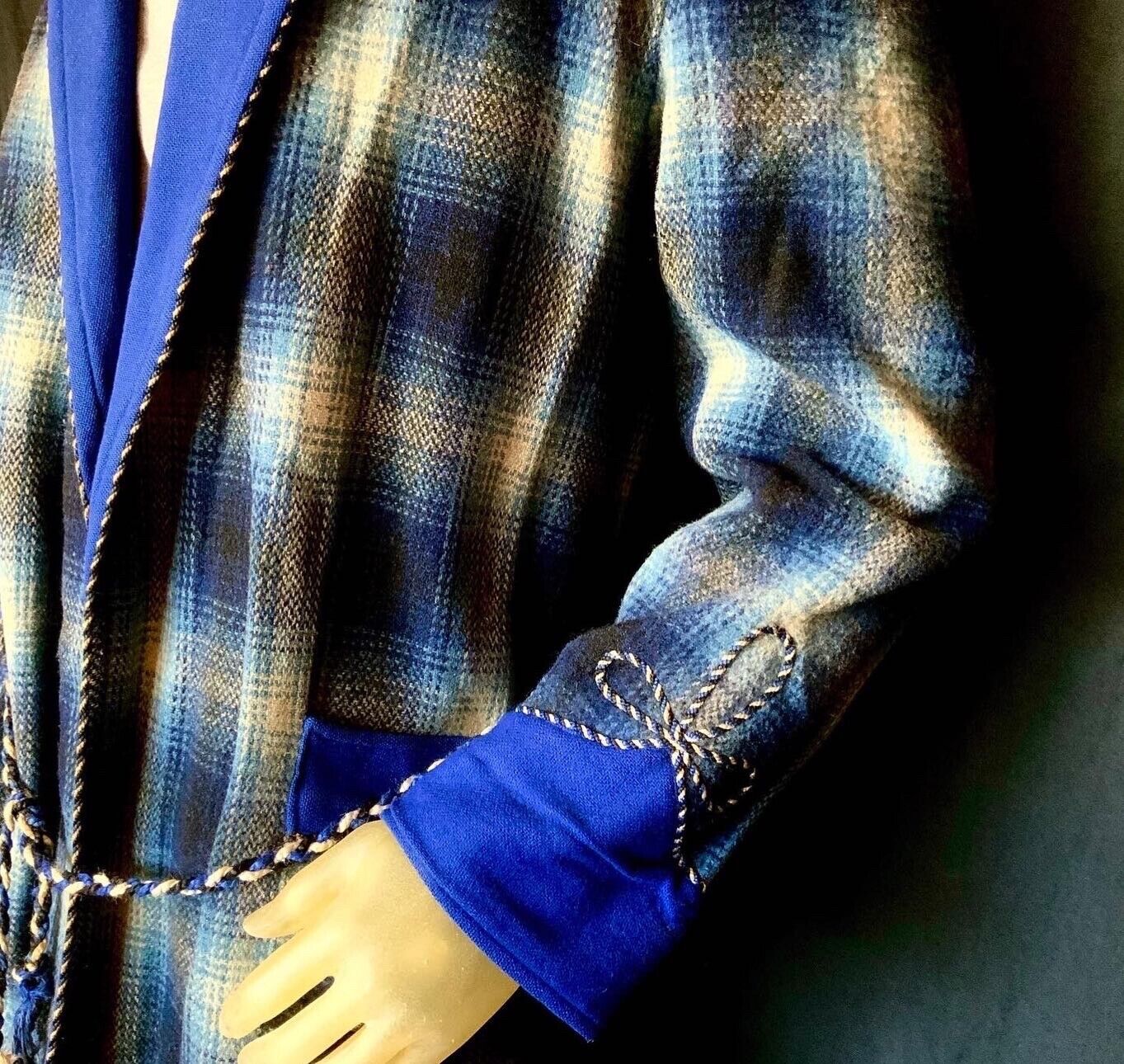 1940s L Wool Mens Vintage Blue Shadowbox Plaid Bathrobe Southwestern Western Rrl