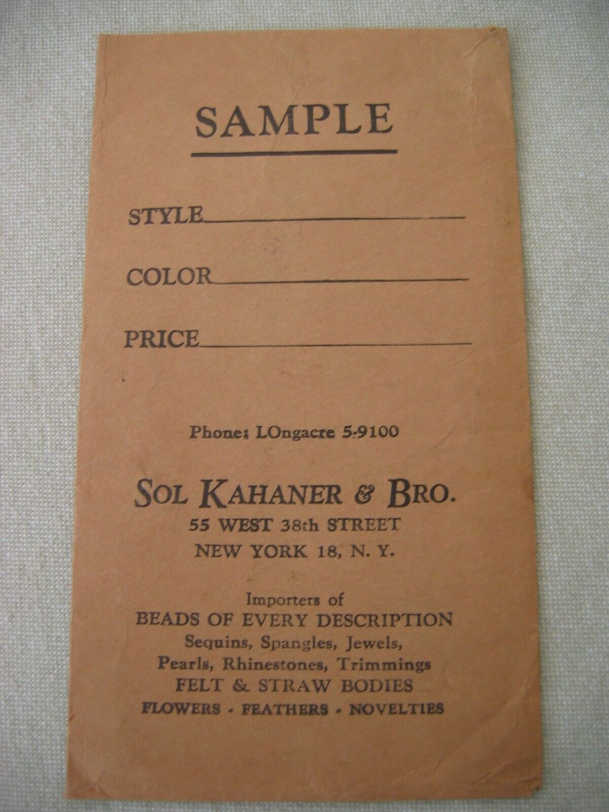 Vintage Sample Envelope SOL KAHANER & BRO 55 West 38th St NY, NY Beads Feathers
