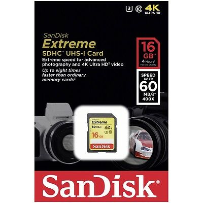SanDisk 16GB Extreme SDHC 60MB/S Class 10 400x UHS-I U3 Camera Flash Memory Card