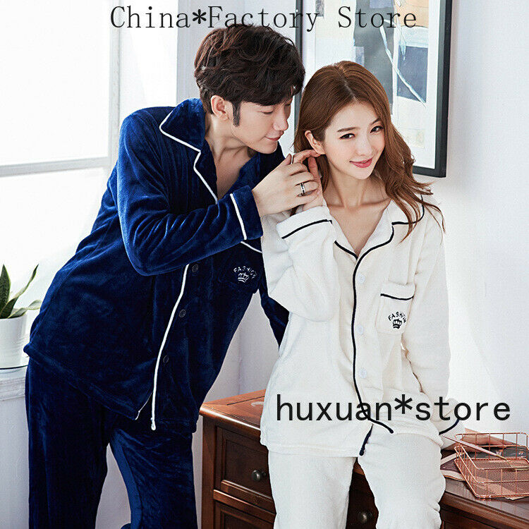 Couple Flannel Pajamas Set Women Plus Velvet Warm Cardigan Pajamas Home Clothing