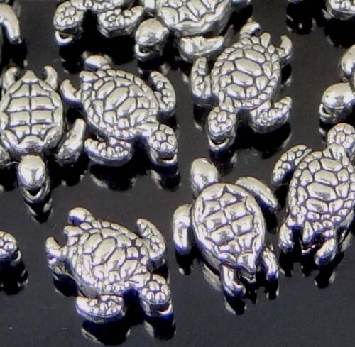 25 Tiny Antique Silver Pewter Turtle Tortoise Beads 9x7mm