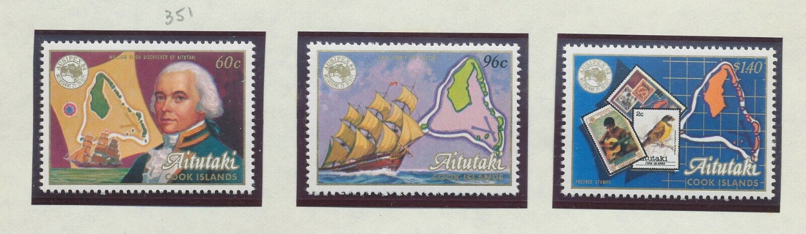 AITUTAKI - Sc 351-353  - FVF MNH - Ausipex, map, shop, stamp-on-stamp -1984